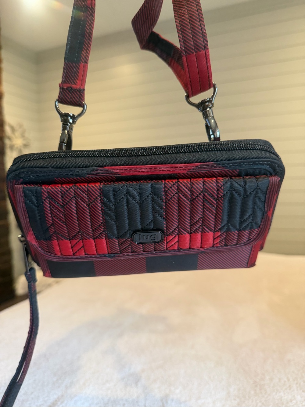 lug Red and Black Quilted Crossbody Wallet with Plaid Strap
